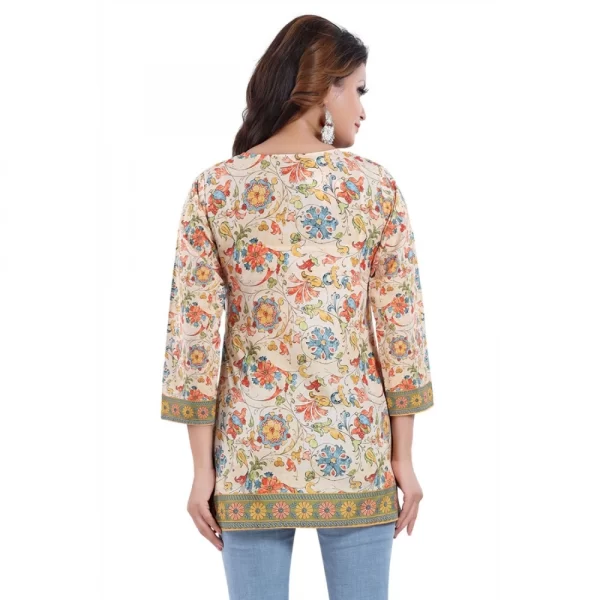 Women's Quarter Sleeve Faux Crepe Printed Short Kurti Tunic Top (Color:Multicolor)