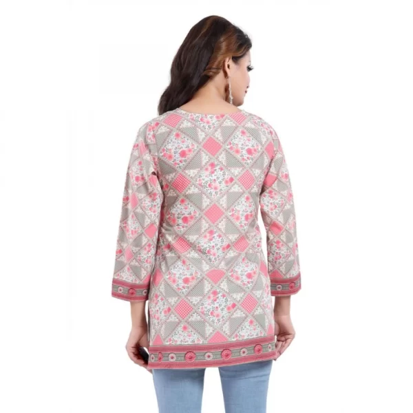 Women's Quarter Sleeve Faux Crepe Printed Short Kurti Tunic Top (Color:Pink)