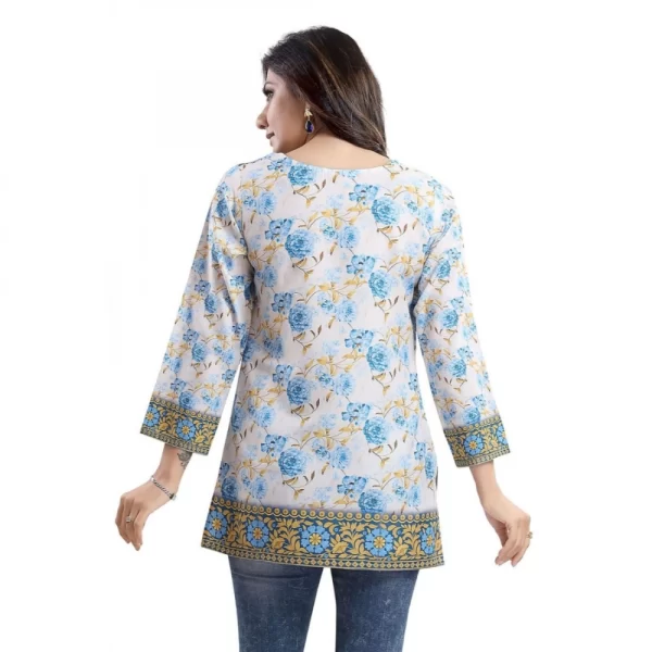 Women's Quarter Sleeve Faux Crepe Printed Short Kurti Tunic Top (Color:White)