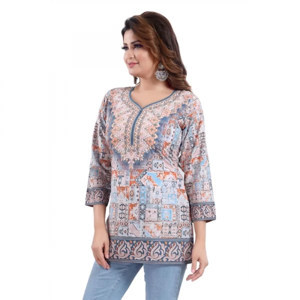 Women's Quarter Sleeve Faux Crepe Printed Short Kurti Tunic Top (Color:Blue)