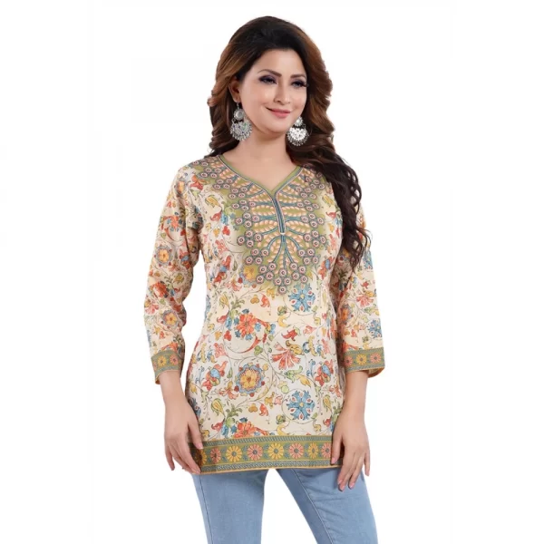 Women's Quarter Sleeve Faux Crepe Printed Short Kurti Tunic Top (Color:Multicolor)