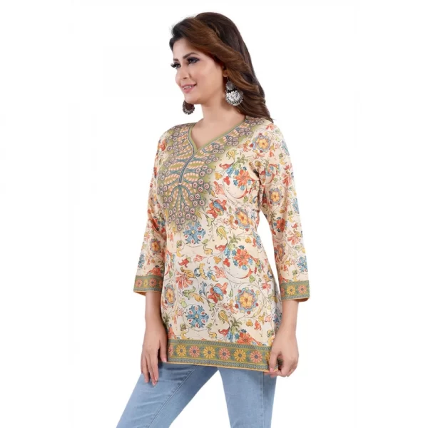 Women's Quarter Sleeve Faux Crepe Printed Short Kurti Tunic Top (Color:Multicolor)