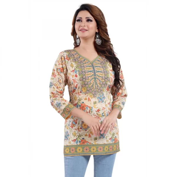 Women's Quarter Sleeve Faux Crepe Printed Short Kurti Tunic Top (Color:Multicolor)