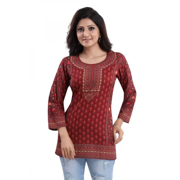 Women's Quarter Sleeve Faux Crepe Printed Short Kurti Tunic Top (Color:Red)