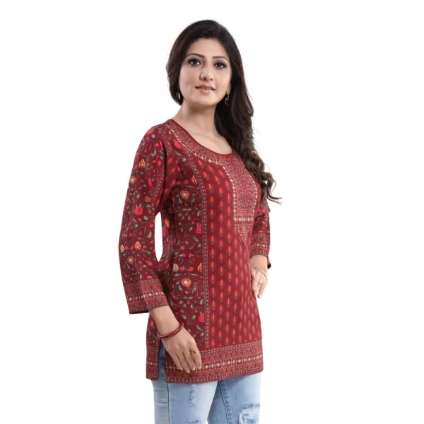 Women's Quarter Sleeve Faux Crepe Printed Short Kurti Tunic Top (Color:Red)
