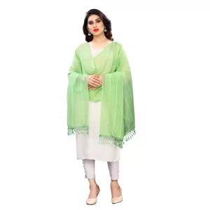 Generic Women’s Cotton Silk Strips Printed Dupatta (Parrot Green, Length:2-2.4 mtr)