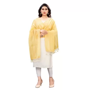 Generic Women’s Cotton Silk Strips Printed Dupatta (Yellow, Length:2-2.4 mtr)