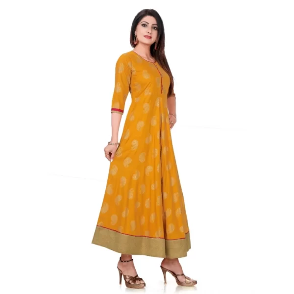 Women's Rayon Cotton Golden Yellow And Rani Gold Printed Anarkali Gown Kurti