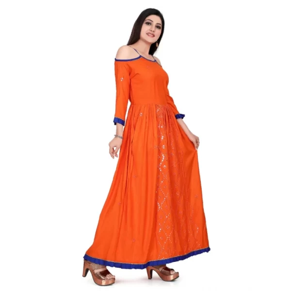 Women's Rayon Cotton Orange Embroidered Long Kurti