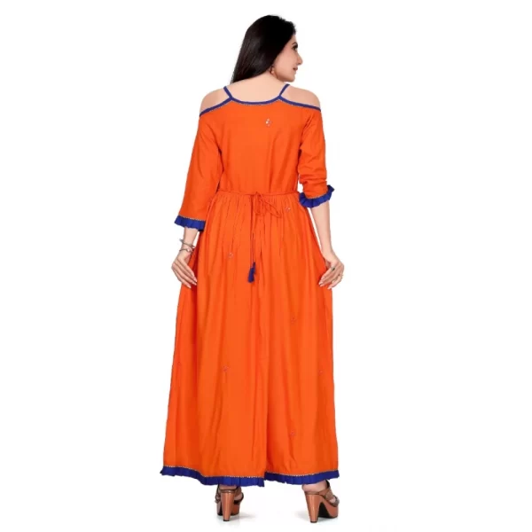 Women's Rayon Cotton Orange Embroidered Long Kurti