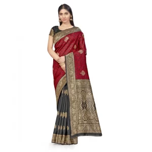 Women’s Banarasi Silk Saree With Blouse (Black, Red, 5-6Mtrs)