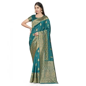 Women’s Banarasi Silk Saree With Blouse (Peach, 5-6Mtrs)