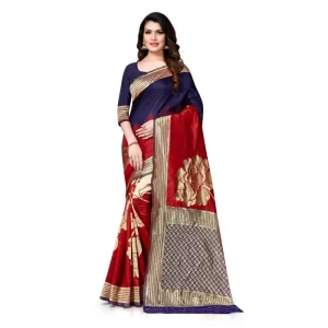 Women’s Banarasi Silk Saree With Blouse (Navy Blue, Red, 5-6Mtrs)
