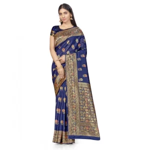 Women’s Banarasi Silk Saree With Blouse (Navy Blue, 5-6Mtrs)