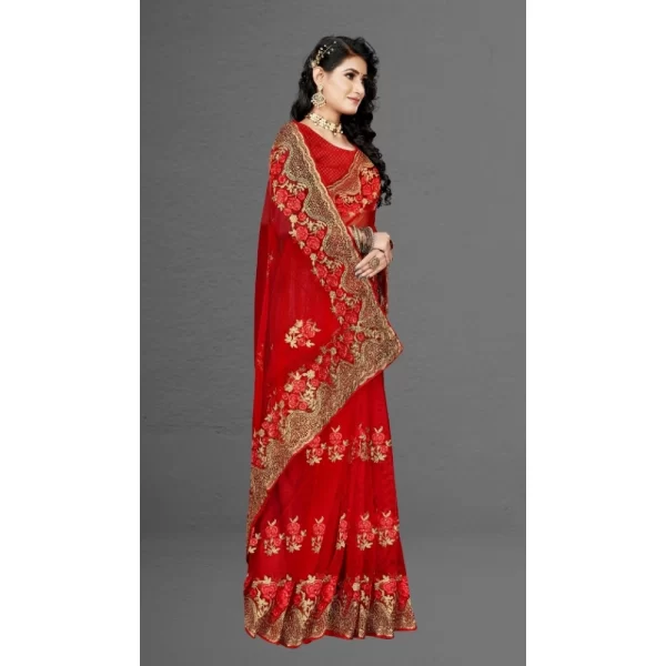 Women's Net Saree With Blouse (Red, 5-6Mtrs)