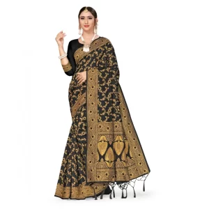 Women’s Banarasi Silk Saree With Blouse (Black, 5-6Mtrs)