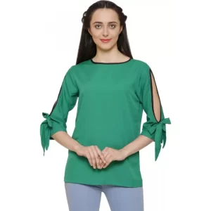 Women’s Casual Slit Sleeve Solid Green Top (Color:Green, Material:Poly Crepe)