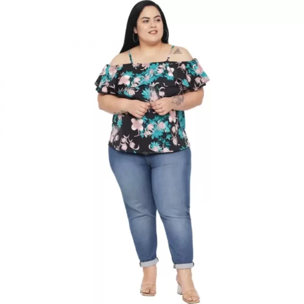 Women's Casual Floral Print Black Top (Color:Black, Material:Polyester)