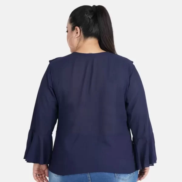 Women's Casual Bell Sleeve Solid Blue Top (Color:Blue, Material:Georgette)