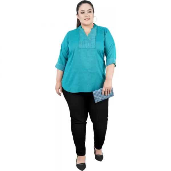 Women's Casual Three Fourth Sleeve Embroidered Light Green Top (Color:Light Blue, Material:Cotton Linen Blend)
