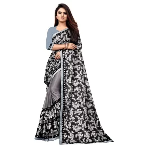 Women’s Lycra Blend Saree with Blouse (Grey, 5-6 Mtrs)
