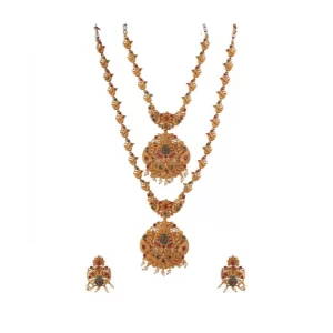 Generic Women’s Elegent And Modern Double Line Temple Jewellery Set (Red And Green, Free Size)
