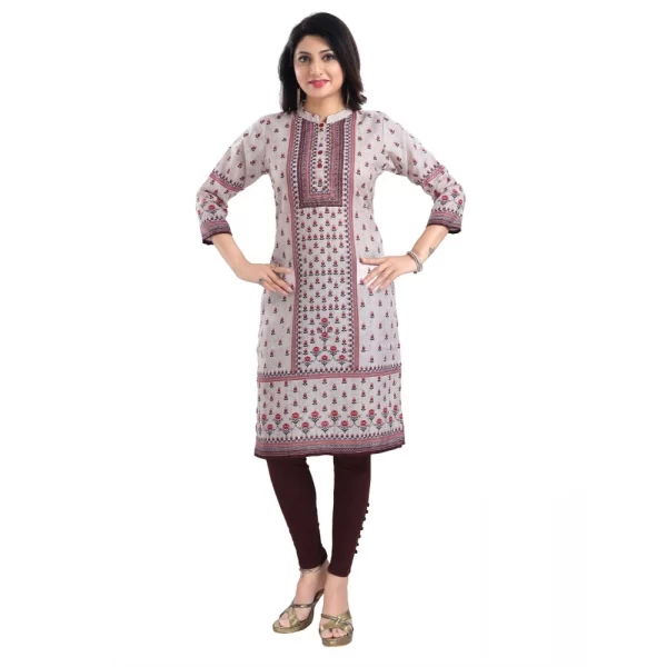 Women's 3/4th Sleeve Cotton Blend Tunic Long Kurti (Beige)
