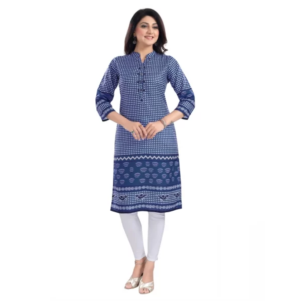 Women's 3/4th Sleeve Cotton Blend Tunic Long Kurti (Blue)