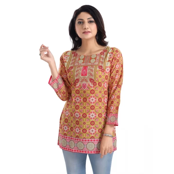 Women's 3/4th Sleeve Faux Crepe Tunic Short Top (Multicolor)