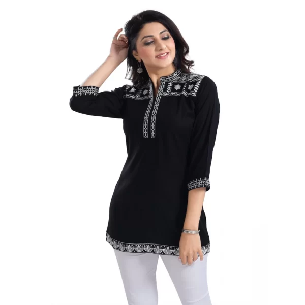 Women's 3/4th Sleeve Viscose Tunic Short Top (Black)