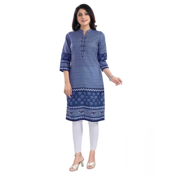 Women's 3/4th Sleeve Cotton Blend Tunic Long Kurti (Blue)