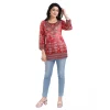 Women's 3/4th Sleeve Faux Crepe Tunic Short Top (Red)