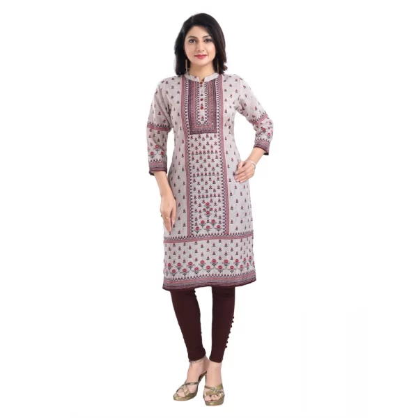 Women's 3/4th Sleeve Cotton Blend Tunic Long Kurti (Beige)
