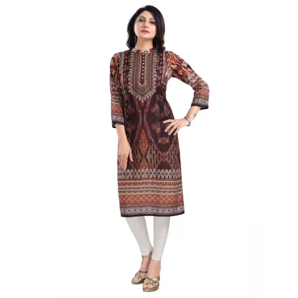 Women's 3/4th Sleeve Masleen Tunic Long Kurti (Brown)