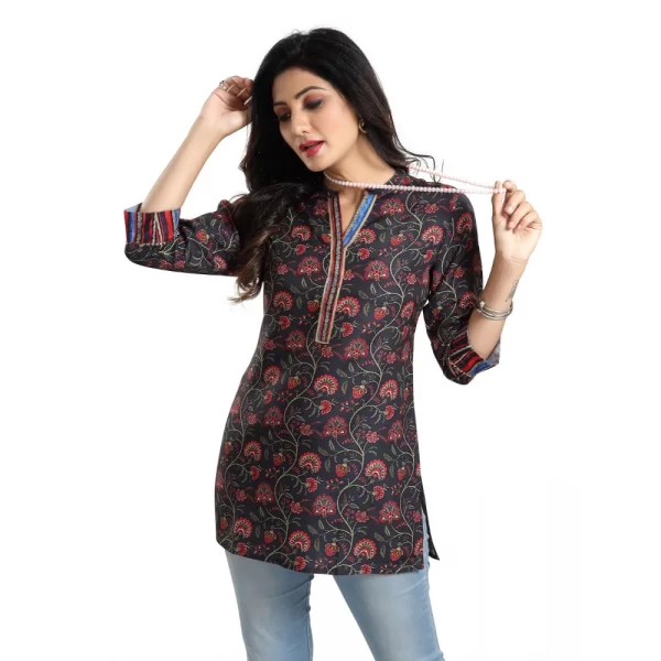 Women's 3/4th Sleeve Viscose Blend Tunic Short Top (Black)