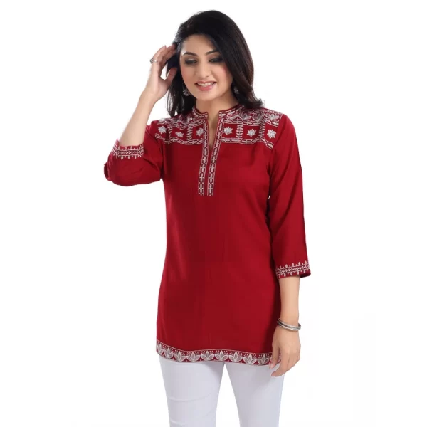 Women's 3/4th Sleeve Viscose Tunic Short Top (Red)