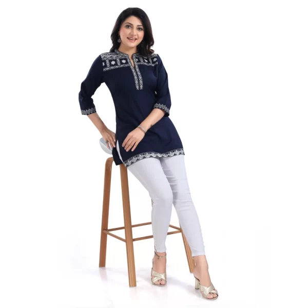 Women's 3/4th Sleeve Viscose Tunic Short Top (Blue)