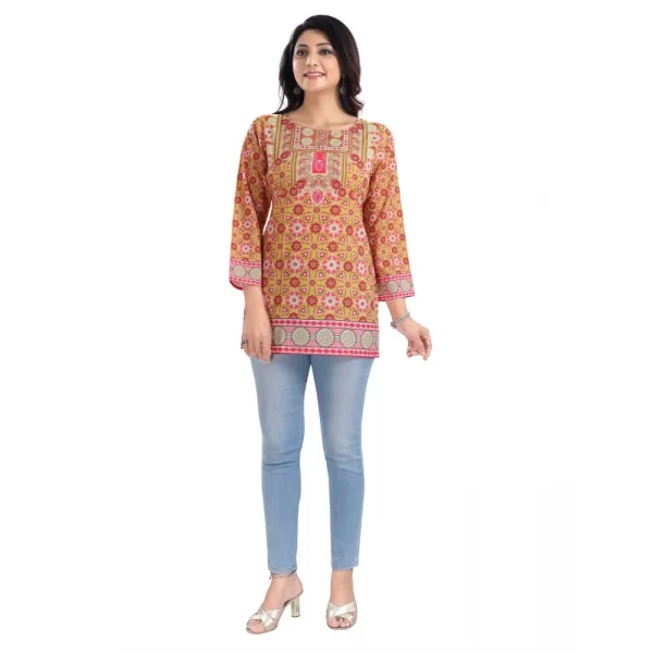 Women's 3/4th Sleeve Faux Crepe Tunic Short Top (Multicolor)
