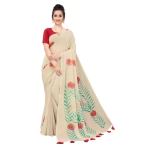 Women’s Georgette Floral Hand Printed Sarees (Beige, 5-6 Mtrs)