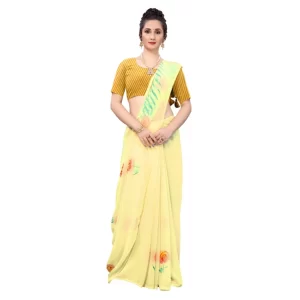 Women’s Georgette Floral Hand Printed Sarees (Yellow, 5-6 Mtrs)