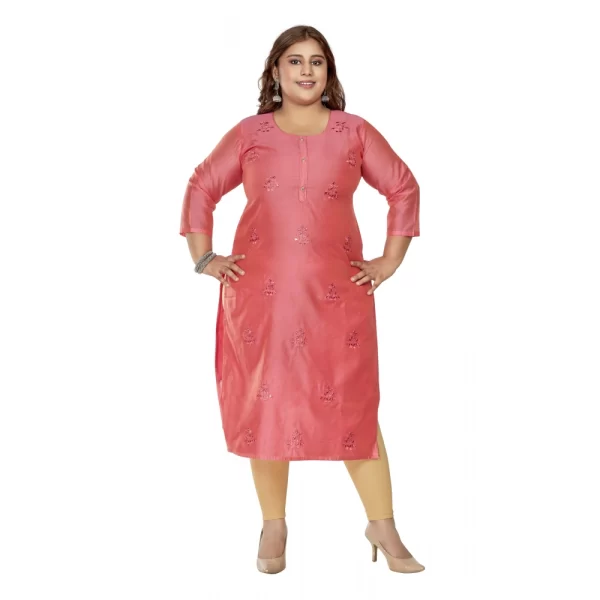 Women's Casual 3/4th Sleeve Mirror Embroided Rayon Straight Kurti (Pink)