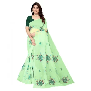Women’s Organza Floral Pattern Sarees (Parrot Green, 5-6 Mtrs)