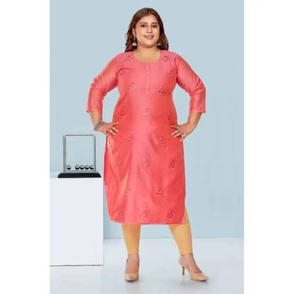Women's Casual 3/4th Sleeve Mirror Embroided Rayon Straight Kurti (Pink)