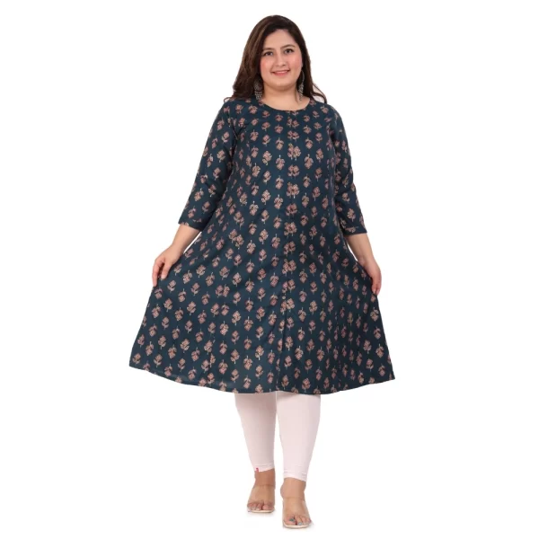 Women's Office wear Floral Printed Capsule Princess Cut Kurti (Green)
