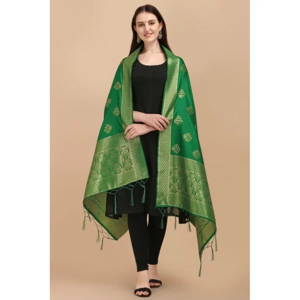 Generic Women's Silk Pure Zari weaving Duppatta (Green, Length: 2-2.3 Mtrs)