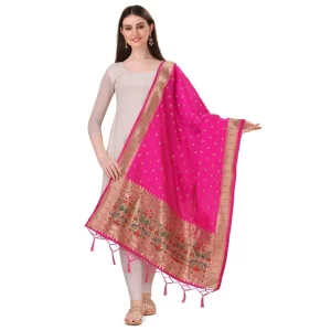 Generic Women’s Silk Pure Zari weaving Duppatta (Pink, Length: 2-2.3 Mtrs)