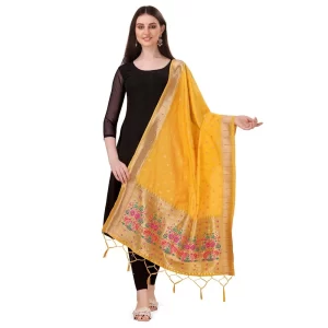 Generic Women’s Silk Pure Zari weaving Duppatta (Yellow, Length: 2-2.3 Mtrs)