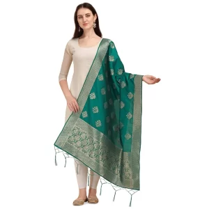 Generic Women’s Silk Pure Zari weaving Duppatta (Green, Length: 2-2.3 Mtrs)