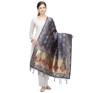 Generic Women’s Silk Pure Zari weaving Duppatta (Navy Blue, Length: 2-2.3 Mtrs)