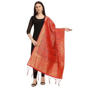 Generic Women’s Silk Pure weaving Work Duppatta (Red, Length: 2-2.3 Mtrs)